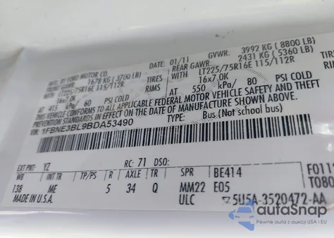 2011 Ford E-350 Super Duty Xlt z USA, uszkodzony, nr VIN 1FBNE3BL9BDA53490